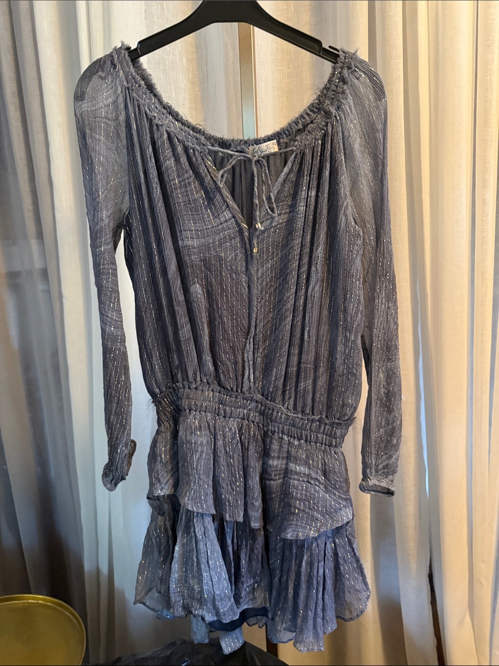 LoveShackFancy Blue Metallic Peasant Tunic